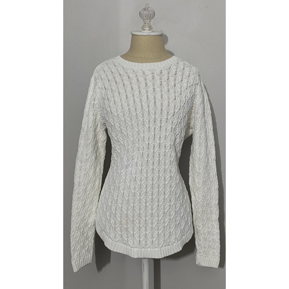 Womens Cable Knit Sweater White Sz L Crew Neck Long Sleeve Cozy Classic Pullover